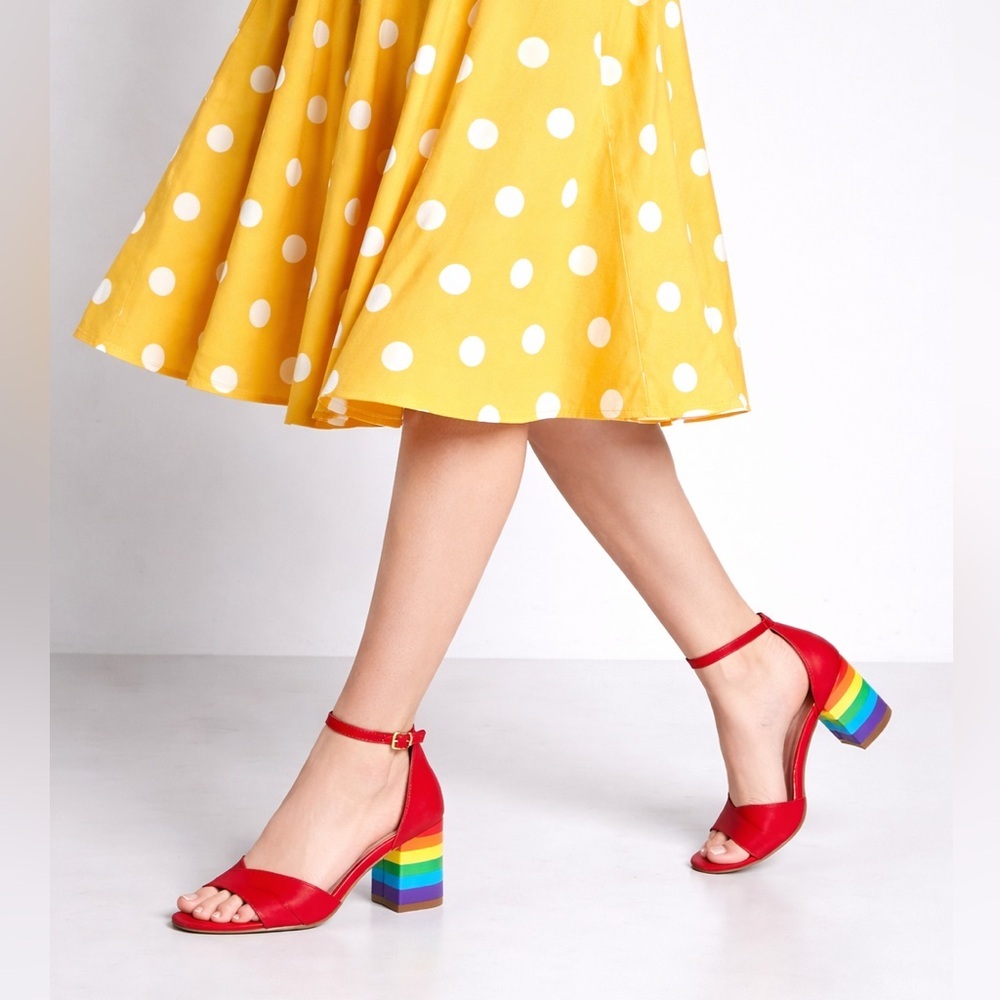 Modcloth Red Open-Toe Ankle-Strap Heels with Rainbow Block Heel